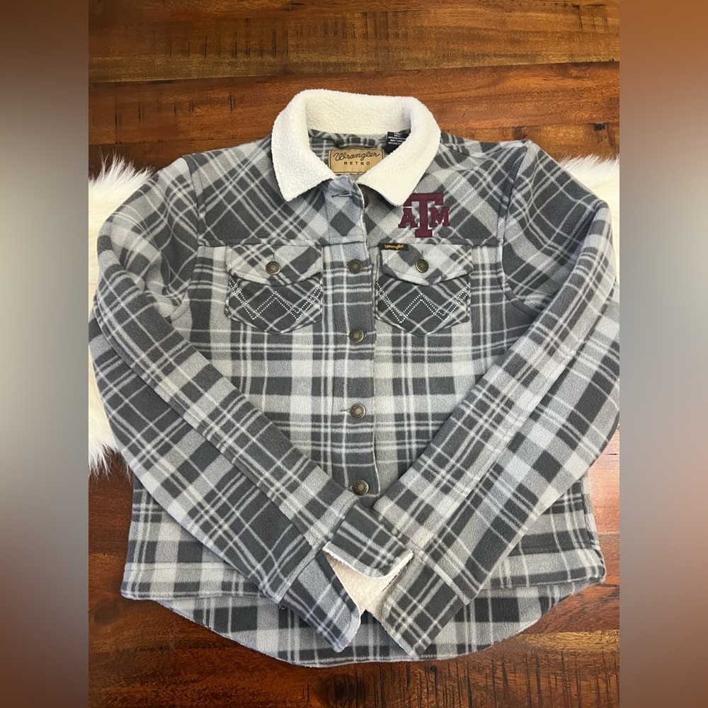 Wrangler Retro Texas A&M Sherpa Lined Plaid Jacket Women’s Small NWOT Gray